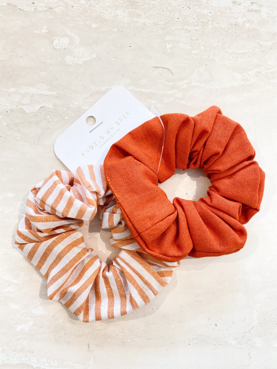 Hair Accessories Angels Whisper | Balencia Orange Linen Scrunchie Pack