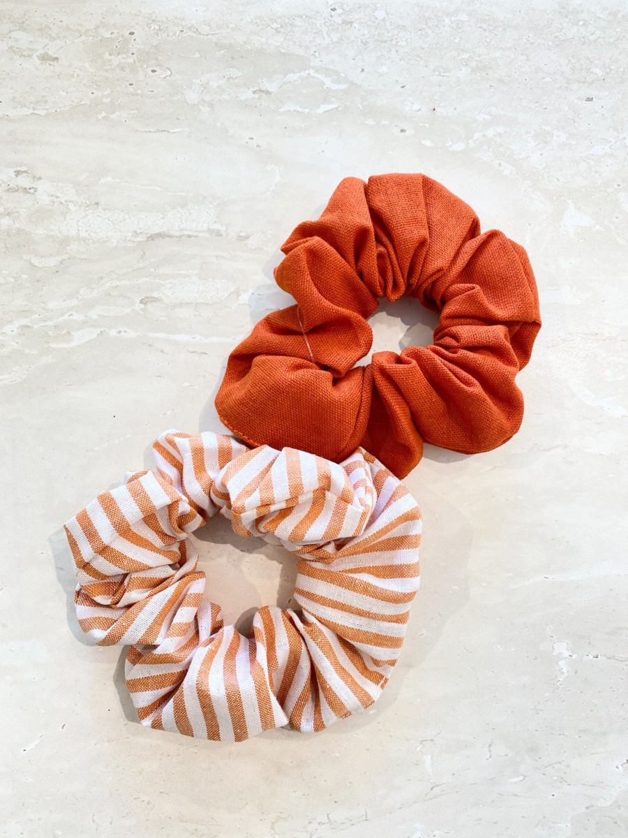 Hair Accessories Angels Whisper | Balencia Orange Linen Scrunchie Pack