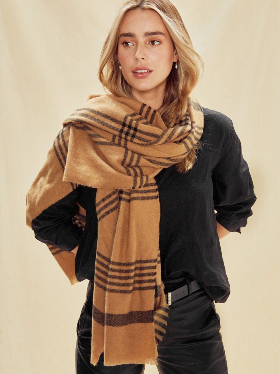 Scarves Angels Whisper | Plaid Frayed Ends Scarf Tan