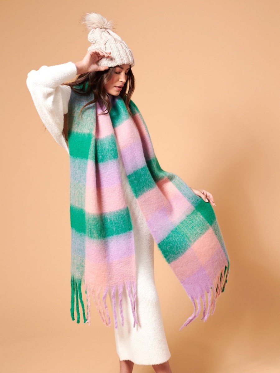 Scarves Angels Whisper | Pink & Green Checkered Fluffy Scarf