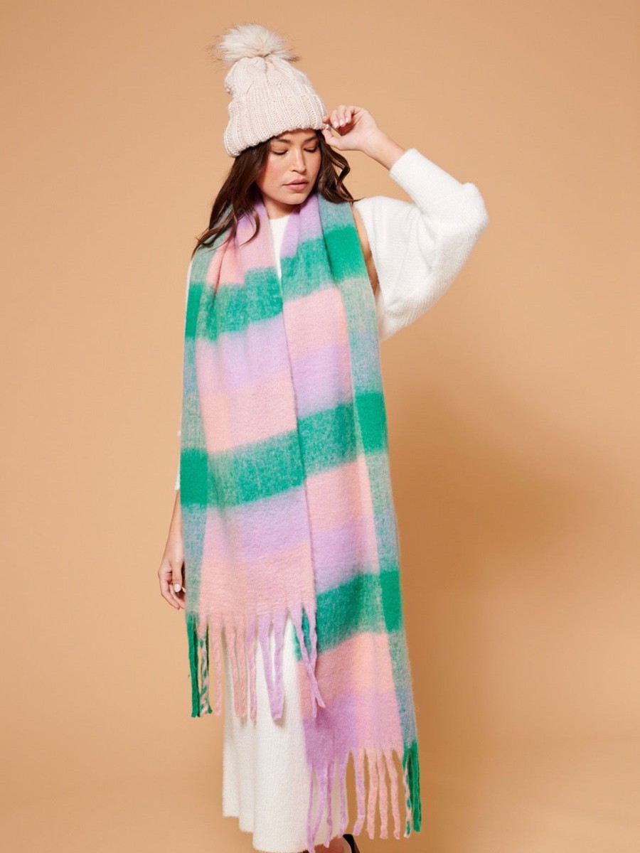 Scarves Angels Whisper | Pink & Green Checkered Fluffy Scarf