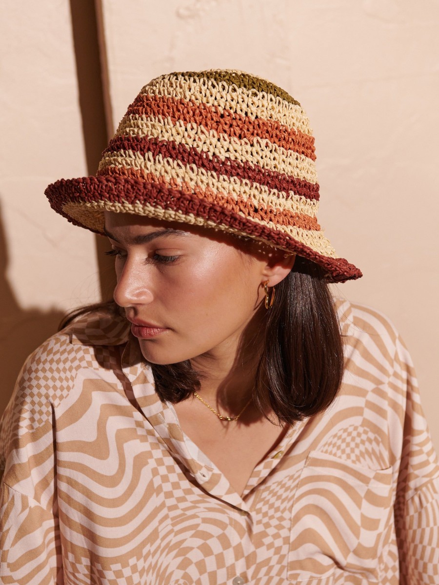 Headwear Angels Whisper | Alana Striped Straw Bucket Hat