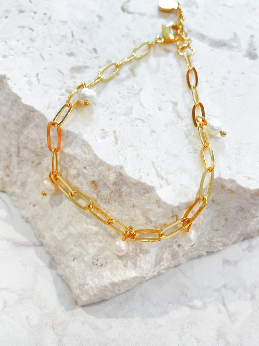 Jewellery Angels Whisper | Eve Pearl Chain Gold Plated Bracelet